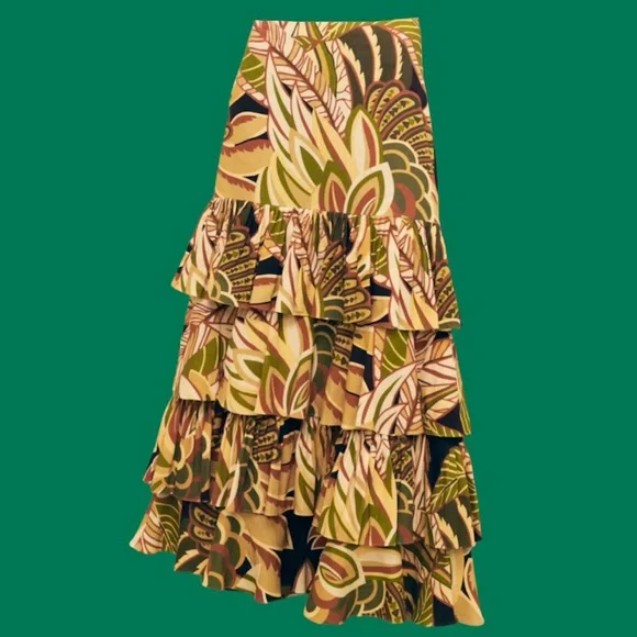 Zara linen viscose blend tropical print high waist long ruffled skirt - Picture 1 of 5